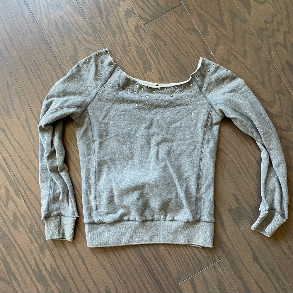 Rok Rhinestone Distressed Wide Neck Sweatshirt - XS